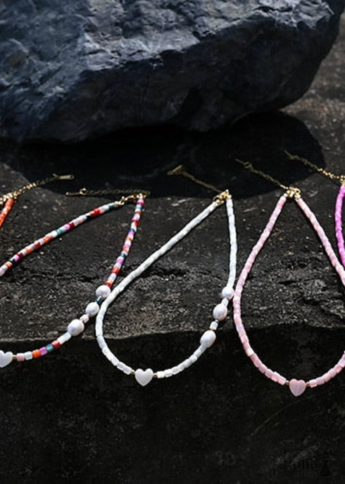 Boho Necklace, Seed Bead Choker, Pearl Heart